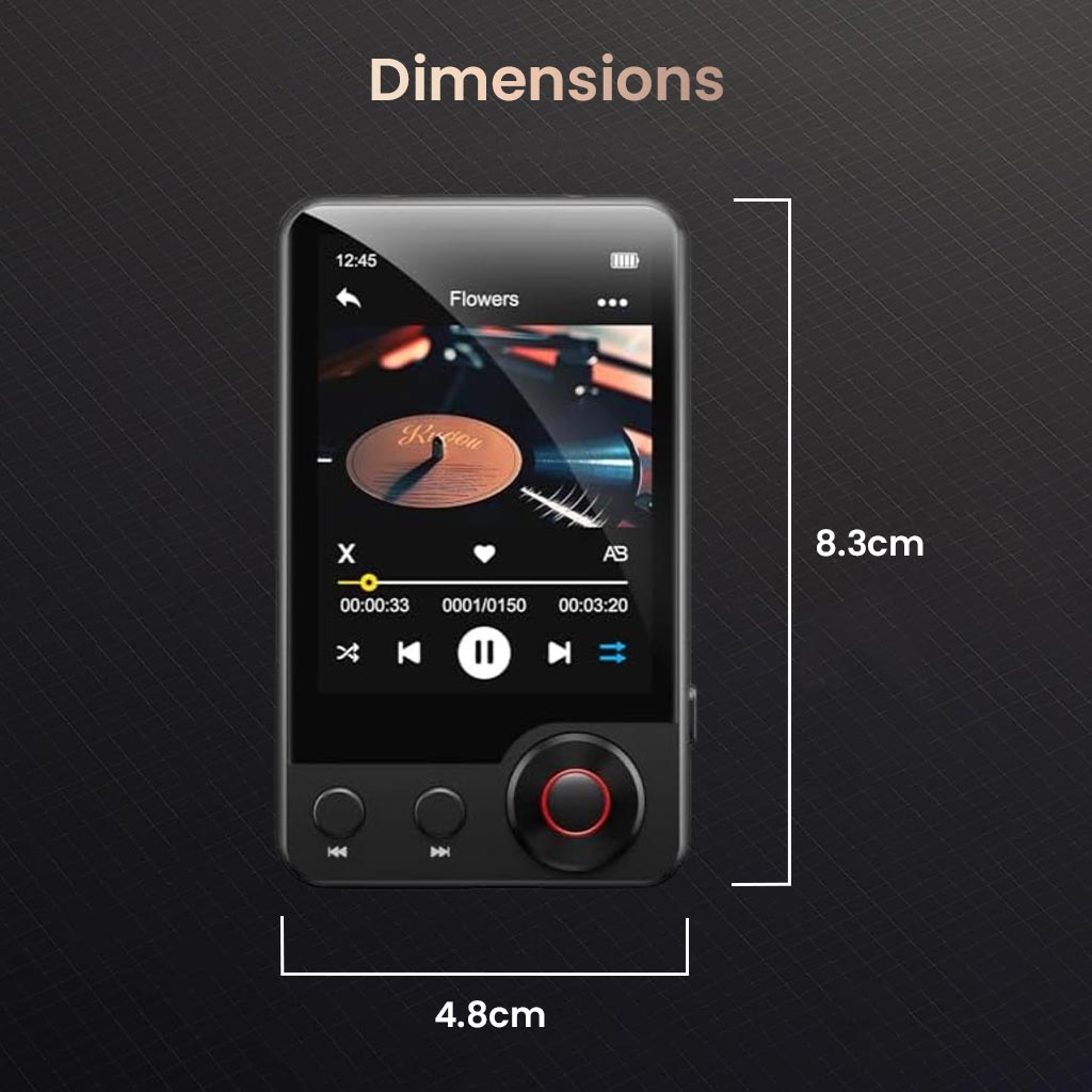 AUDIOCULAR M71 Mp3 Player dimensions shown as 8.3cm height and 4.8cm width, highlighting its compact and pocket-friendly design.