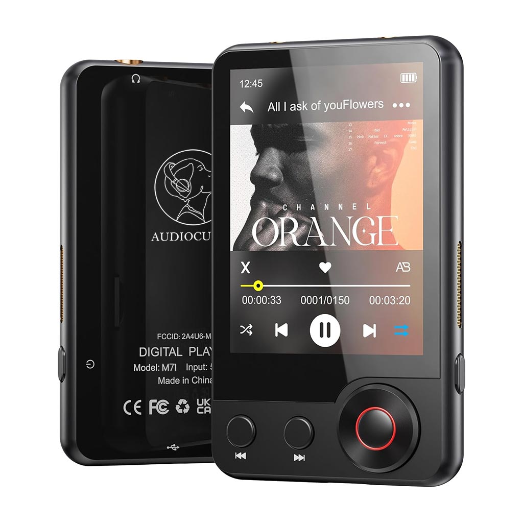 AUDIOCULAR M71 Portable Mp3 Music Player with 2.4-inch LCD screen displaying album art and playback controls, ideal for high-quality audio playback.