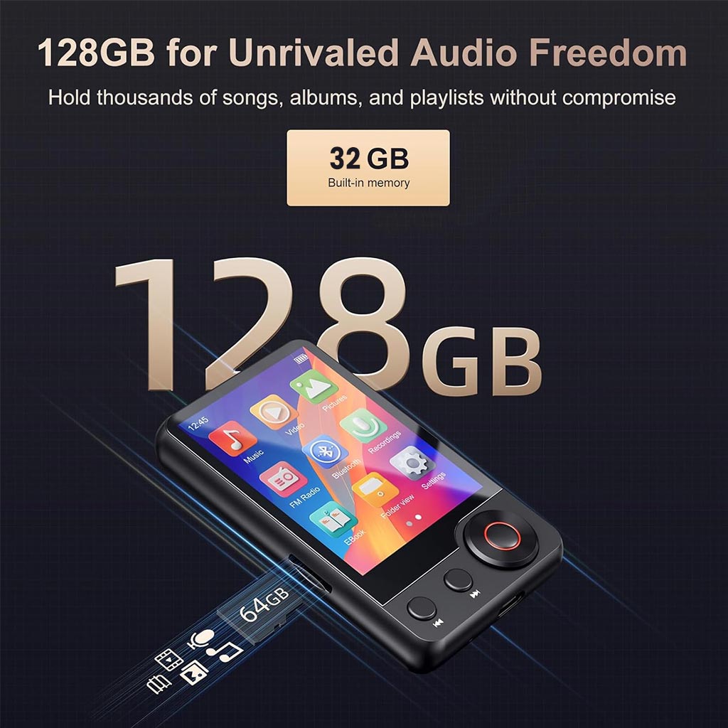 AUDIOCULAR M71 Mp3 Player with 128GB expandable storage and 32GB built-in memory, offering ample space for thousands of songs and playlists.