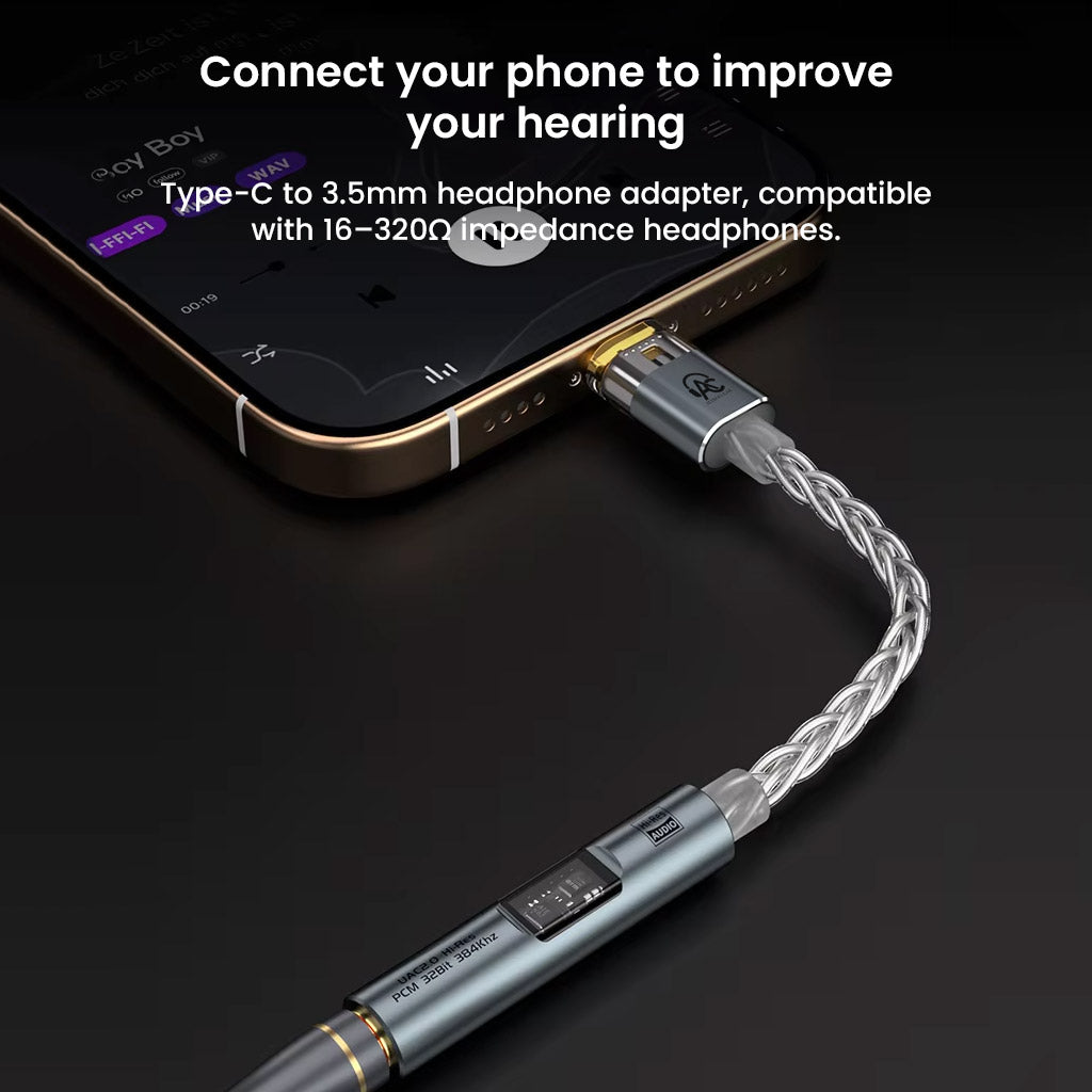 AUDIOCULAR SPARK Hi-Res DAC dongle connected to smartphone via Type-C, compatible with 16–320Ω headphones for improved audio quality.