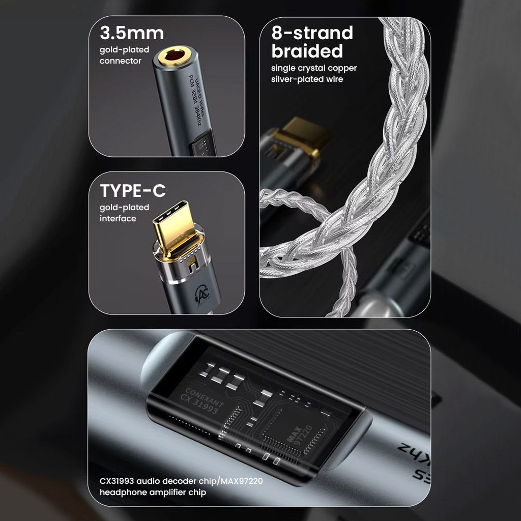 Close-up of AUDIOCULAR SPARK DAC dongle showing 3.5mm and Type-C gold-plated connectors, 8-strand braided cable, and internal chip layout.