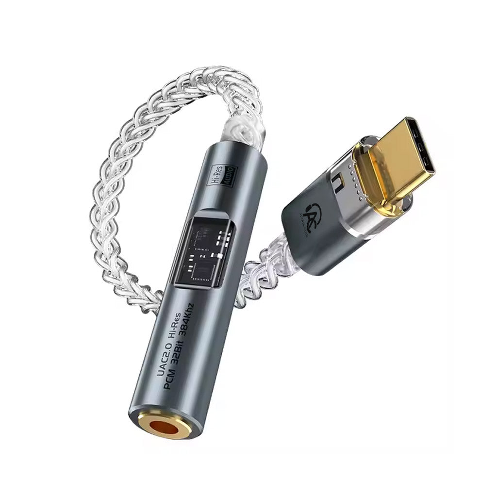 Angled view of AUDIOCULAR SPARK Hi-Res DAC dongle showing Type-C connector and 3.5mm jack with durable braided cable.