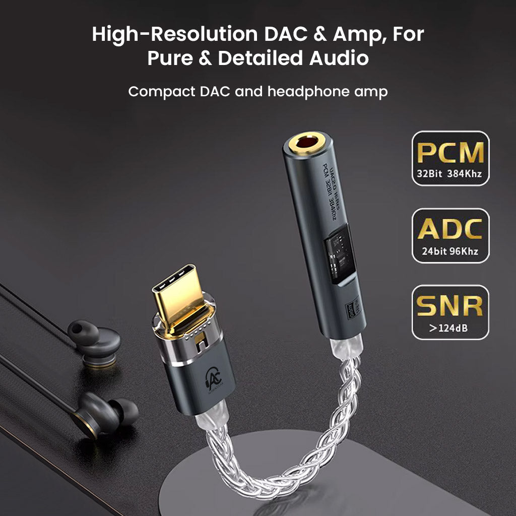 Compact AUDIOCULAR SPARK Hi-Res DAC & Amp dongle featuring 32bit/384kHz PCM, 24bit/96kHz ADC, and >124dB SNR for pure, detailed sound.