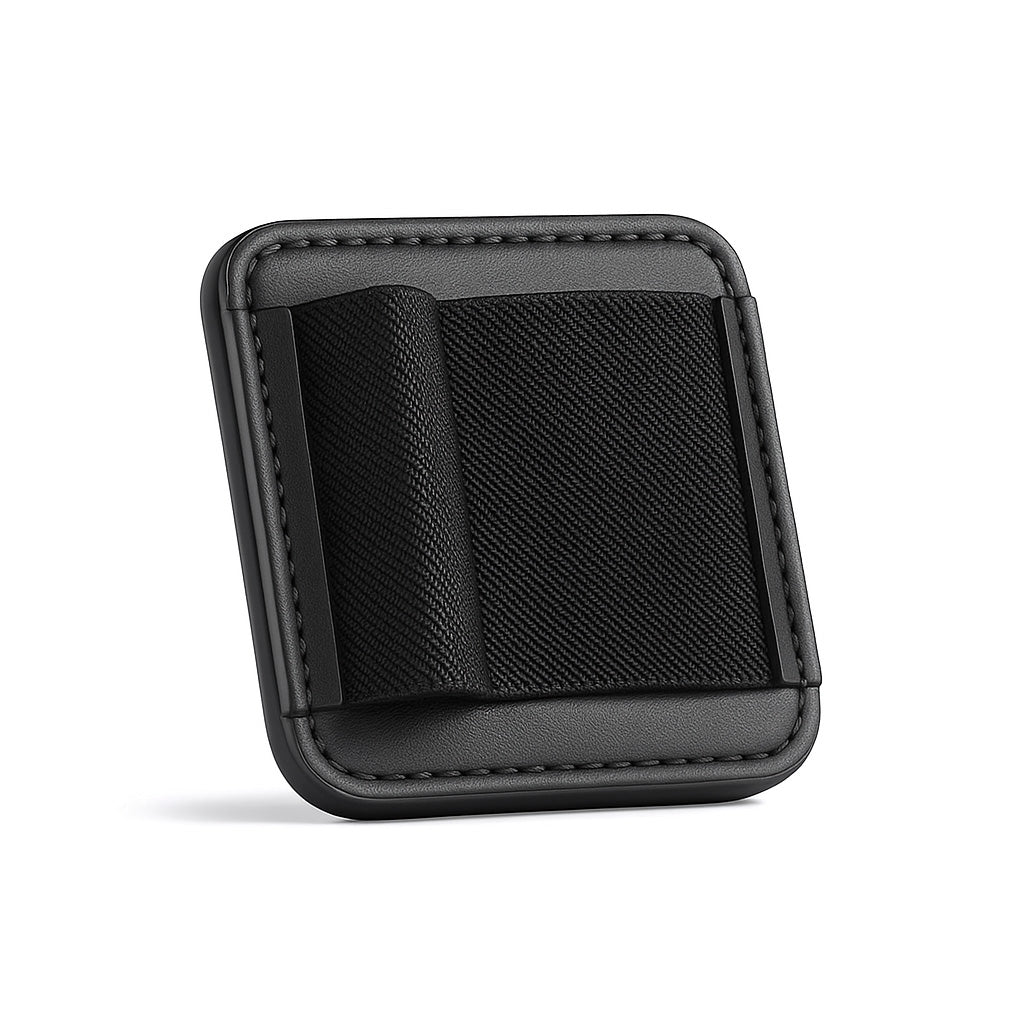 AUDIOCULAR Magnetic Dongle Holster in black with elastic band for securely holding USB DACs, ideal for MagSafe-compatible smartphones.