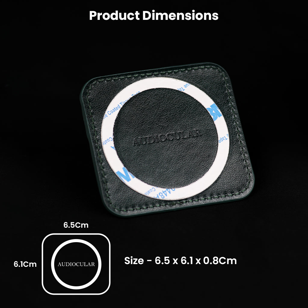Product dimensions of AUDIOCULAR DAC Holder shown as 6.5 x 6.1 x 0.8 cm, featuring adhesive ring and leather finish.