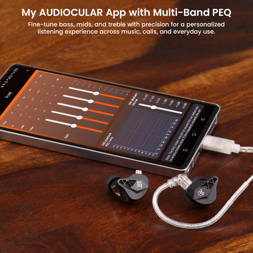 AUDIOCULAR x KZ Beast in-ear monitors with app interface on smartphone