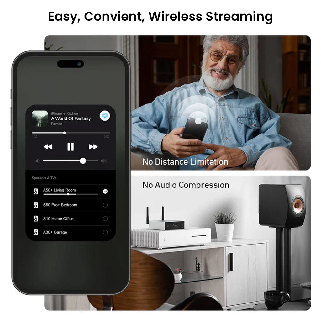 Arylic A50+ enables wireless streaming via smartphone with no distance limitation or audio compression, perfect for multi-room audio.