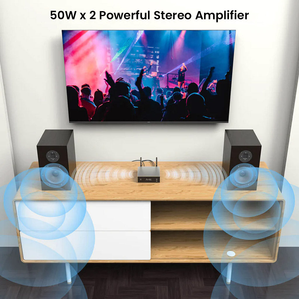 Arylic A50+ 50W x 2 stereo amplifier powering bookshelf speakers in a modern living room entertainment setup with immersive sound.