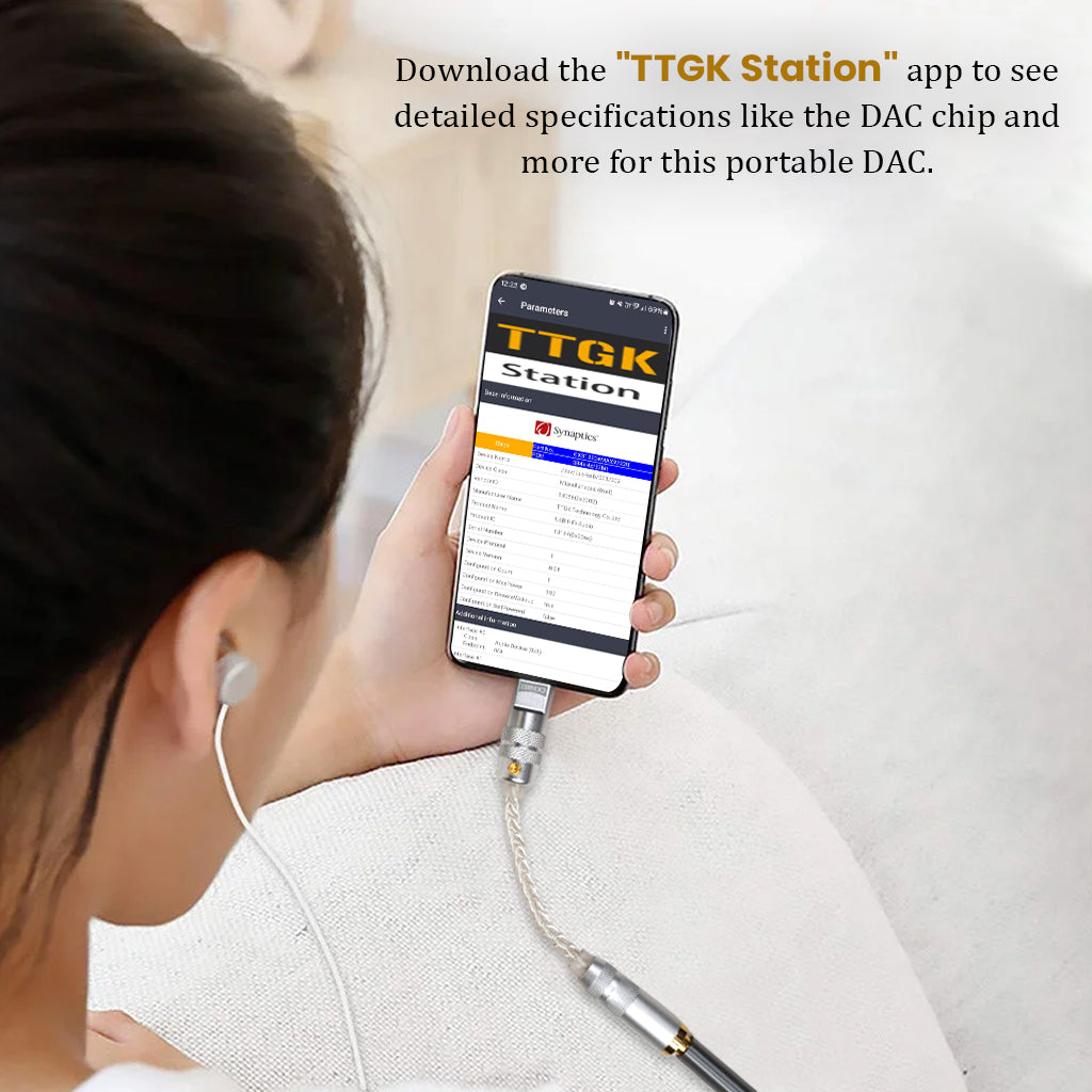 User accessing TTGK Station app to view AUDIOCULAR D07 DAC Dongle specs, including CX31993 chip and amplifier details.