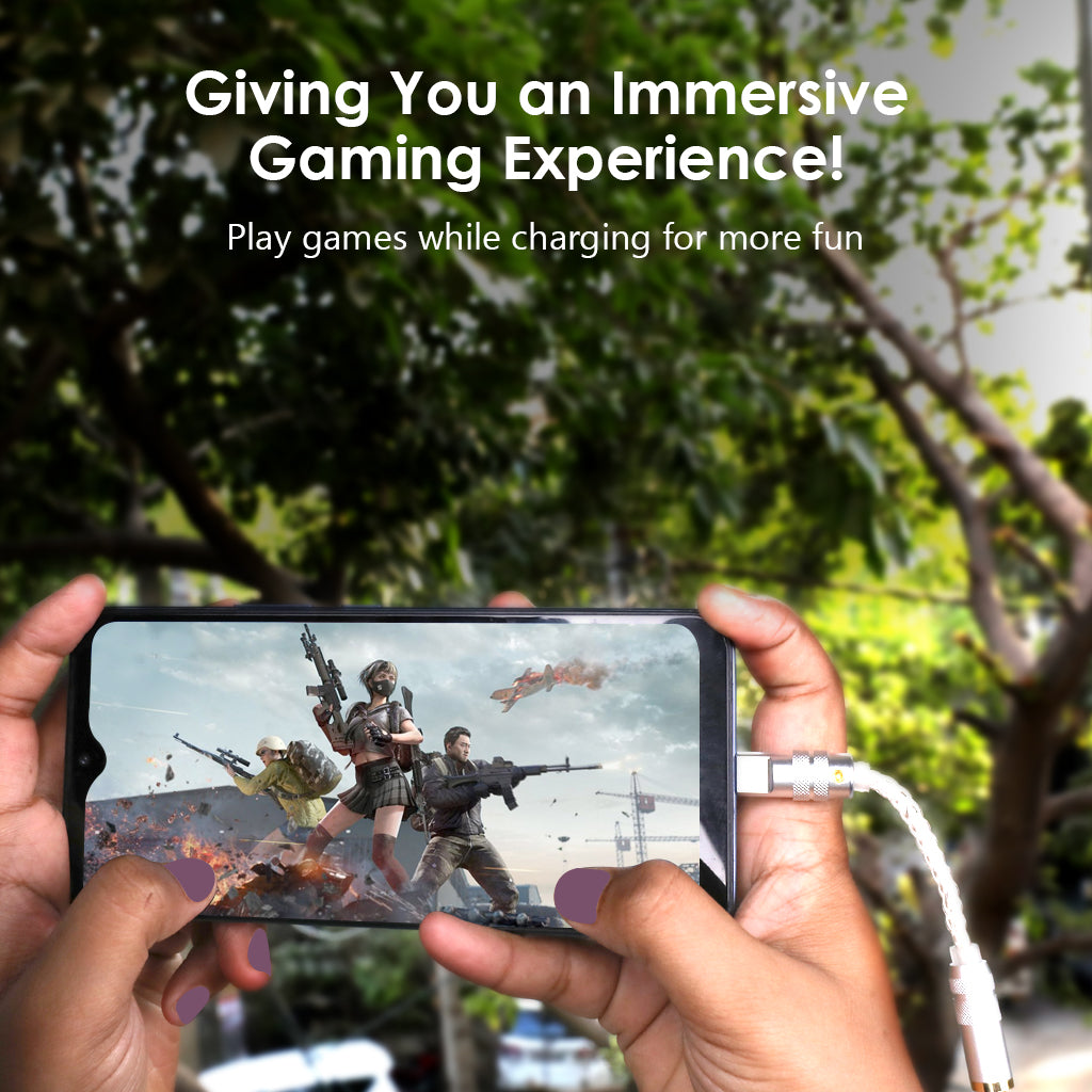 AUDIOCULAR D07 DAC Dongle enhances mobile gaming experience with immersive sound while charging via USB-C to 3.5mm adapter.