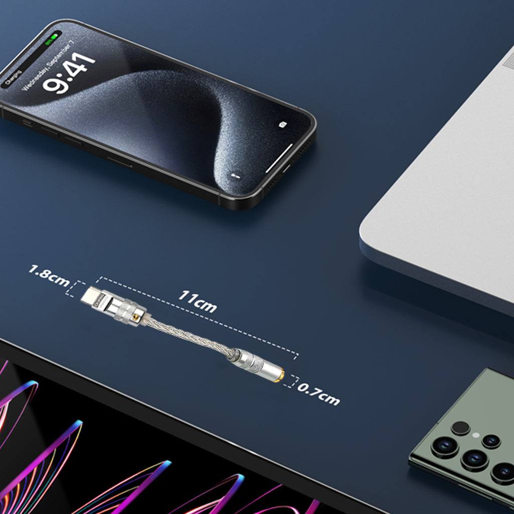 AUDIOCULAR DAC Dongle with 11cm length, USB-C to 4.4mm adapter for compact and efficient audio connectivity.