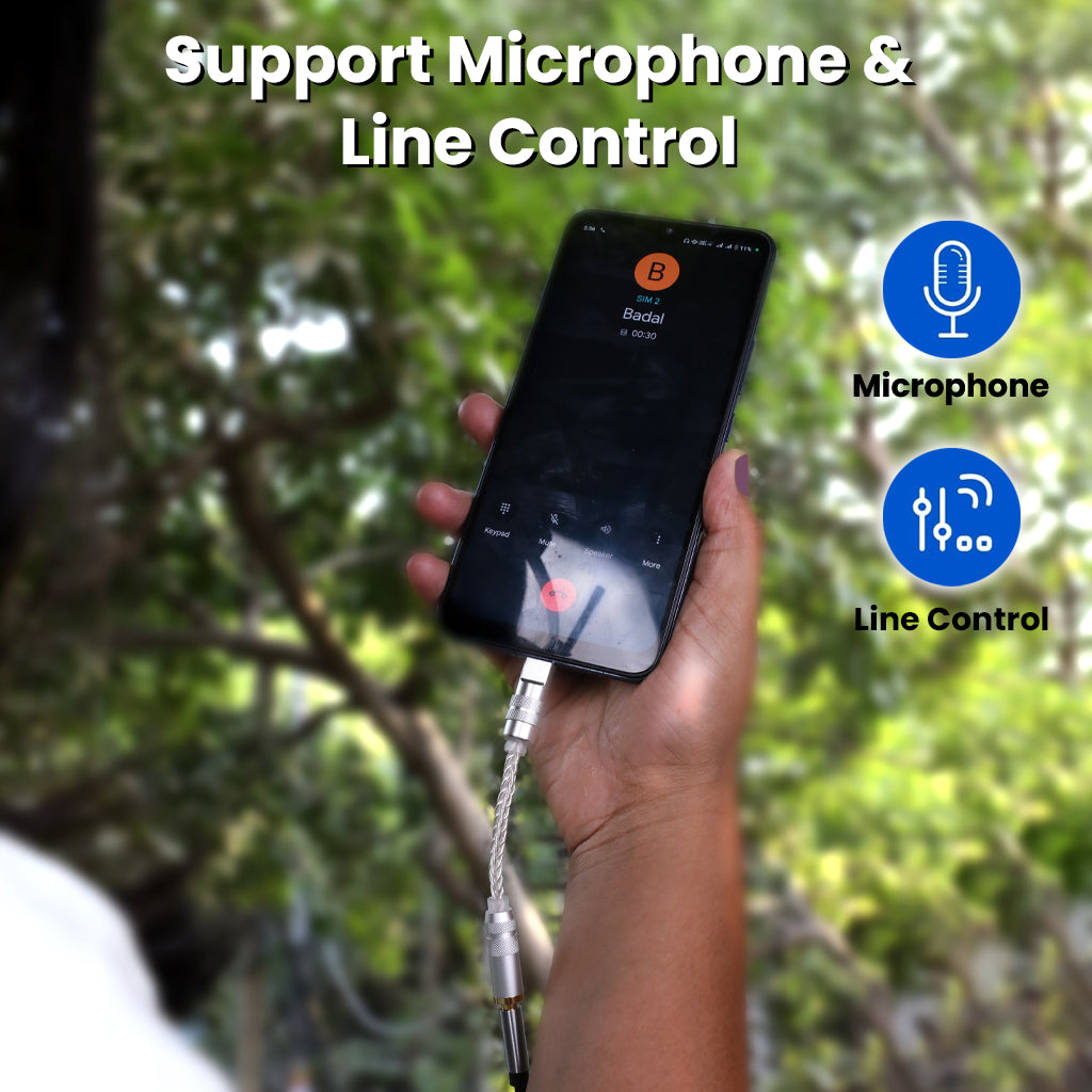 AUDIOCULAR DAC Dongle supports microphone and line control, enabling calls and audio playback via USB-C to 4.4mm adapter.