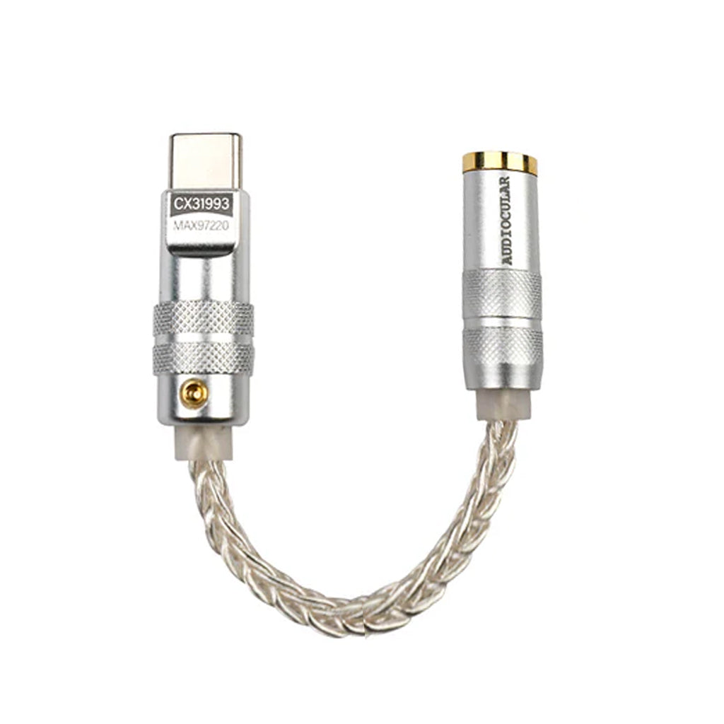 AUDIOCULAR D07 CX31993 DAC Dongle with MAX97220 Amp, silver braided USB-C to 3.5mm adapter for high-resolution audio output.