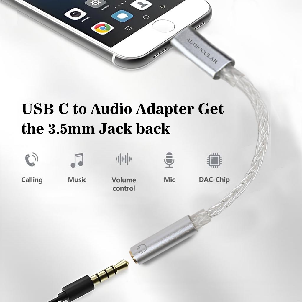 AUDIOCULAR D08 CS Pro Type-C to 3.5mm DAC Dongle connected to smartphone, supporting music, calling, mic, and volume control.