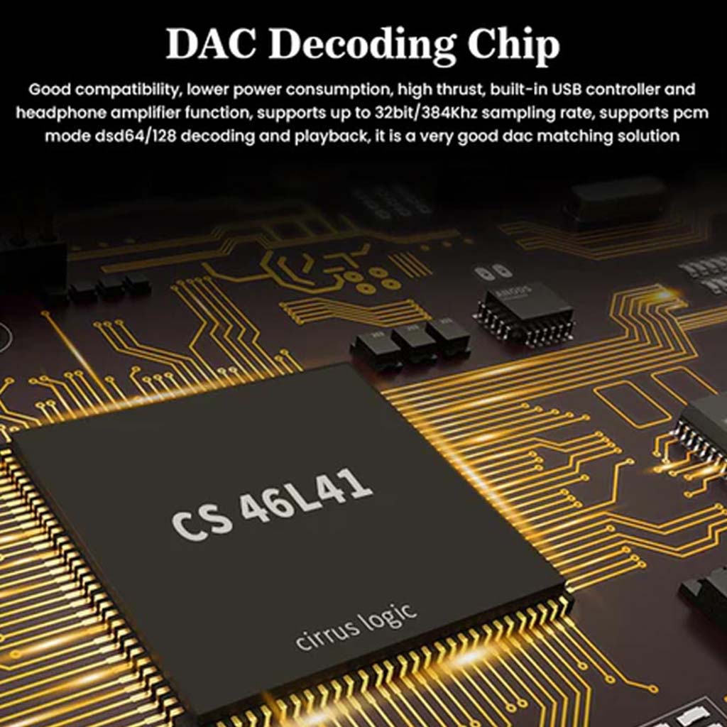 Close-up of CS46L41 DAC decoding chip used in AUDIOCULAR D08 CS Pro, supporting 32bit/384kHz audio and DSD64/128 playback.