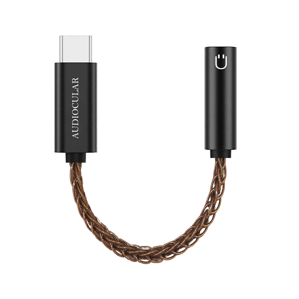 AUDIOCULAR black USB-C to 3.5mm DAC Dongle with braided brown cable, offering high-fidelity audio and volume control.