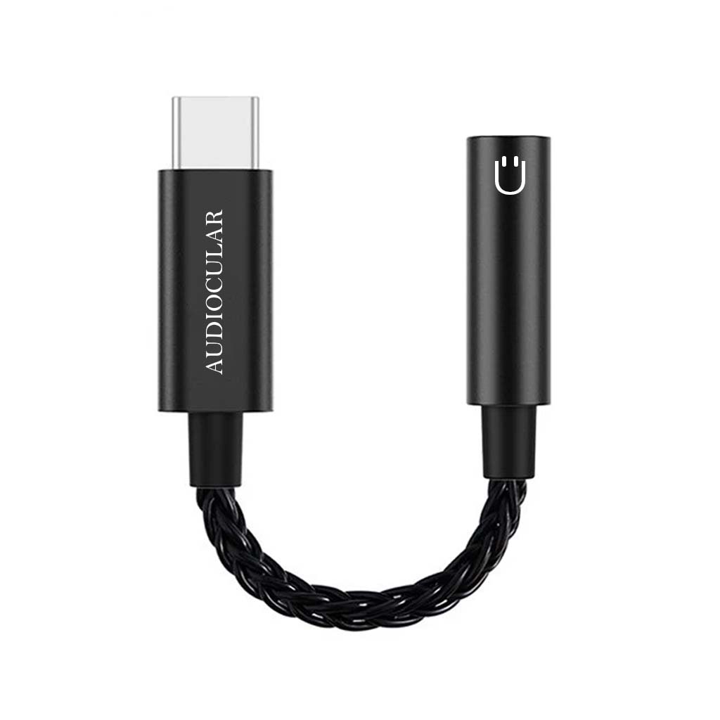 Black variant of AUDIOCULAR D10 Type C to 3.5mm DAC Dongle with braided cable, designed for portable HiFi audio conversion.