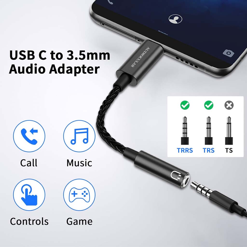 AUDIOCULAR USB-C to 3.5mm DAC Dongle supports TRRS, TRS, and TS plugs for calls, music, and gaming on mobile devices.