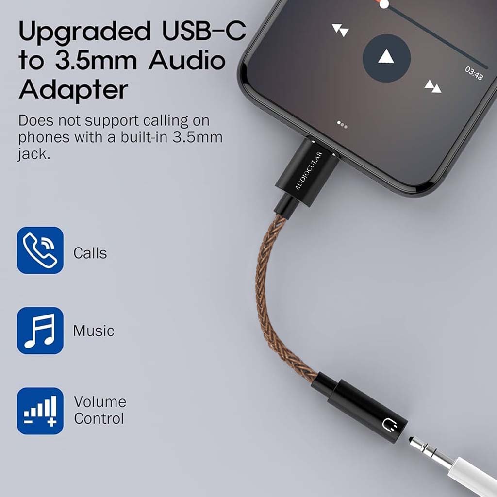 AUDIOCULAR upgraded USB-C to 3.5mm DAC Dongle supports calls, music, and volume control with durable braided cable.
