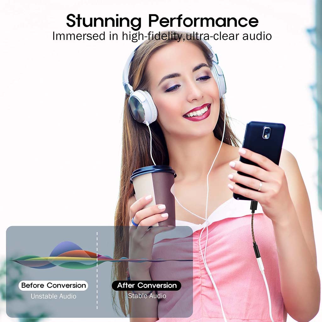 User enjoying stable, high-fidelity audio with AUDIOCULAR DAC Dongle, showcasing performance before and after conversion.