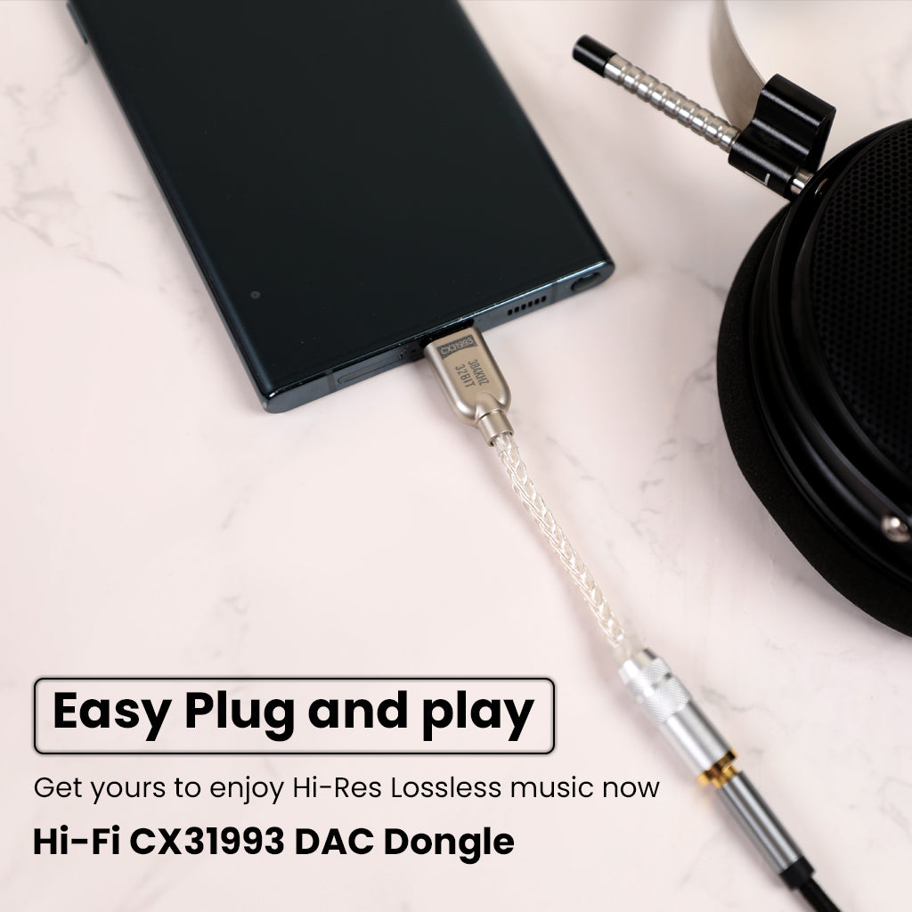 AUDIOCULAR D10 DAC Dongle plugged into smartphone with headphones, promoting Hi-Res lossless music and easy plug-and-play use.