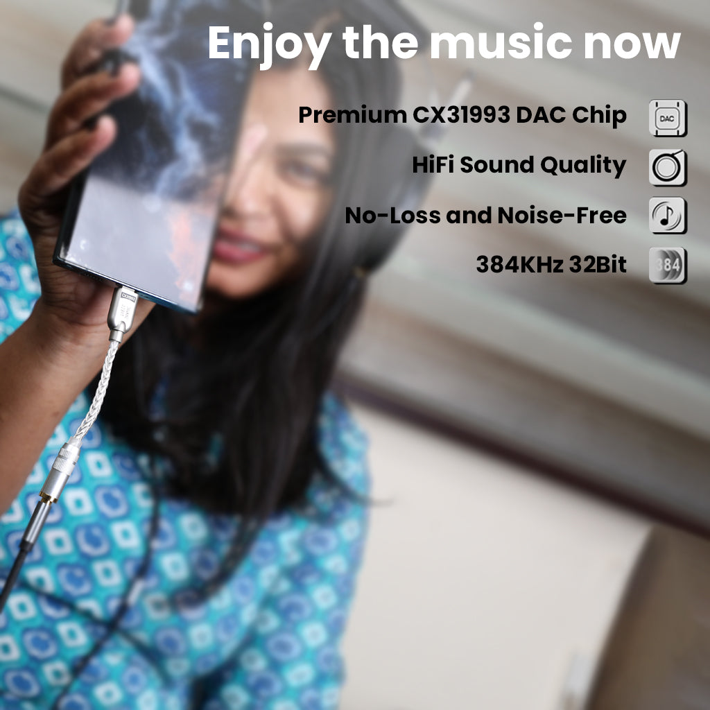 User enjoying music with AUDIOCULAR D10 DAC Dongle, highlighting premium CX31993 chip, HiFi sound, and noise-free audio.