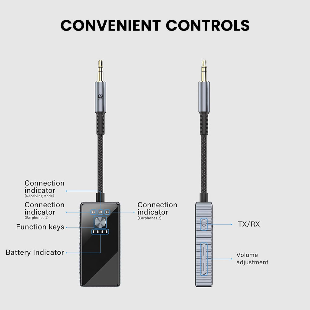AUDIOCULAR – EB01 Bluetooth Receiver/Transmitter with labeled controls for volume, TX/RX switch, and connection indicators for easy operation.