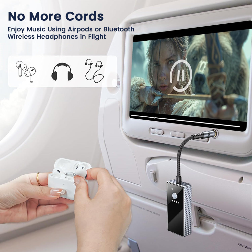 AUDIOCULAR – EB01 Bluetooth Adapter used on airplane entertainment system to connect wireless earbuds or headphones for cord-free audio.