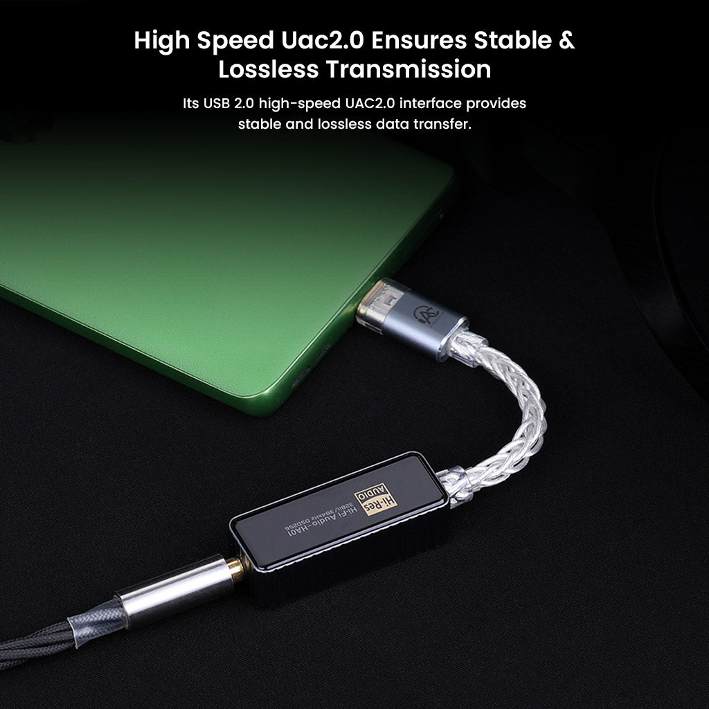 Audiocular x KinMax HA01 DAC & Amp connected via USB-C to a laptop, featuring USB 2.0 UAC2.0 interface for stable and lossless audio transmission.