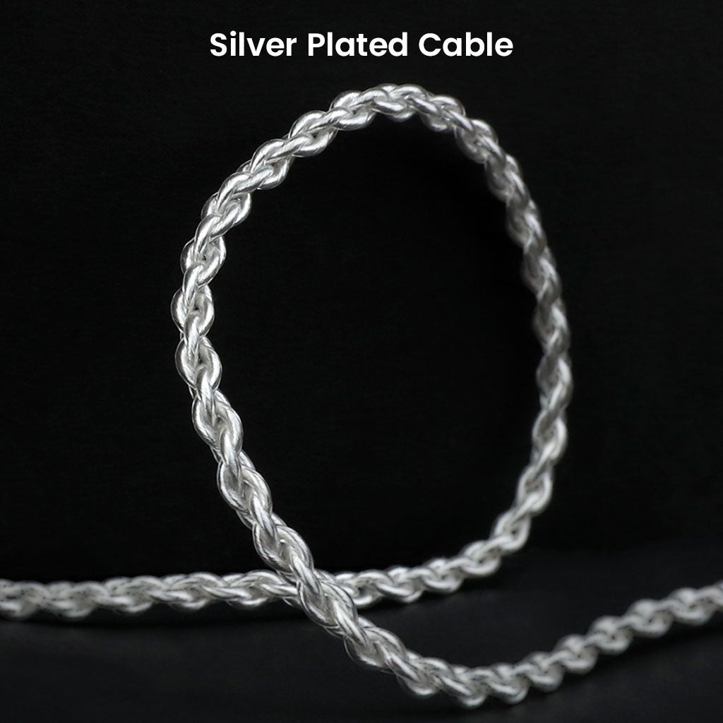 Silver-plated cable of AUDIOCULAR LEX In Ear Monitor, braided for durability and enhanced signal transmission in high-fidelity audio.