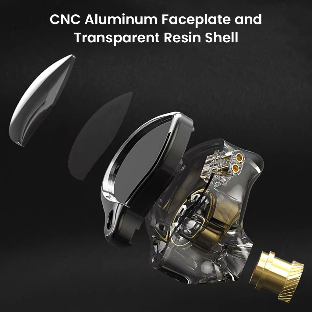 Transparent shell and CNC aluminum faceplate of AUDIOCULAR LEX In Ear Monitor, combining durability with a modern aesthetic.