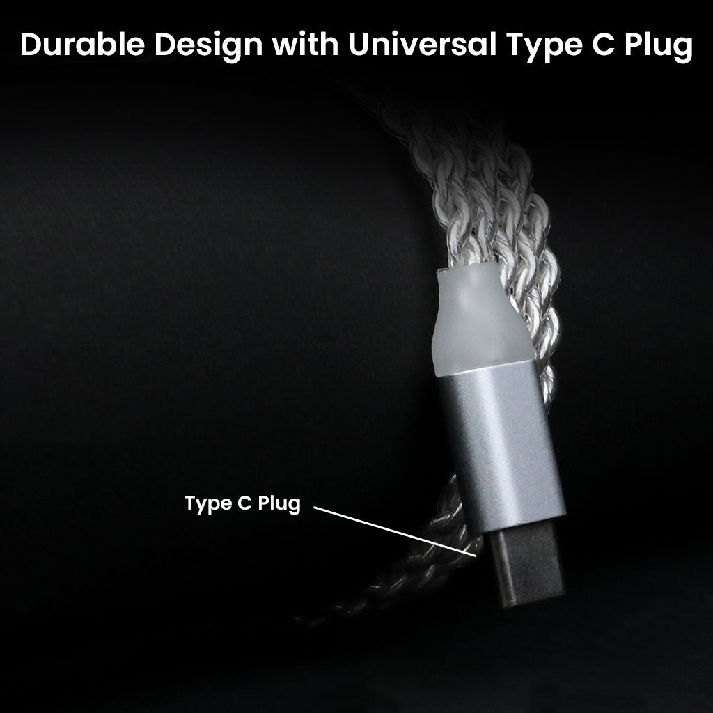 Durable silver-plated cable of AUDIOCULAR LEX In Ear Monitor with universal Type C plug for modern device compatibility.