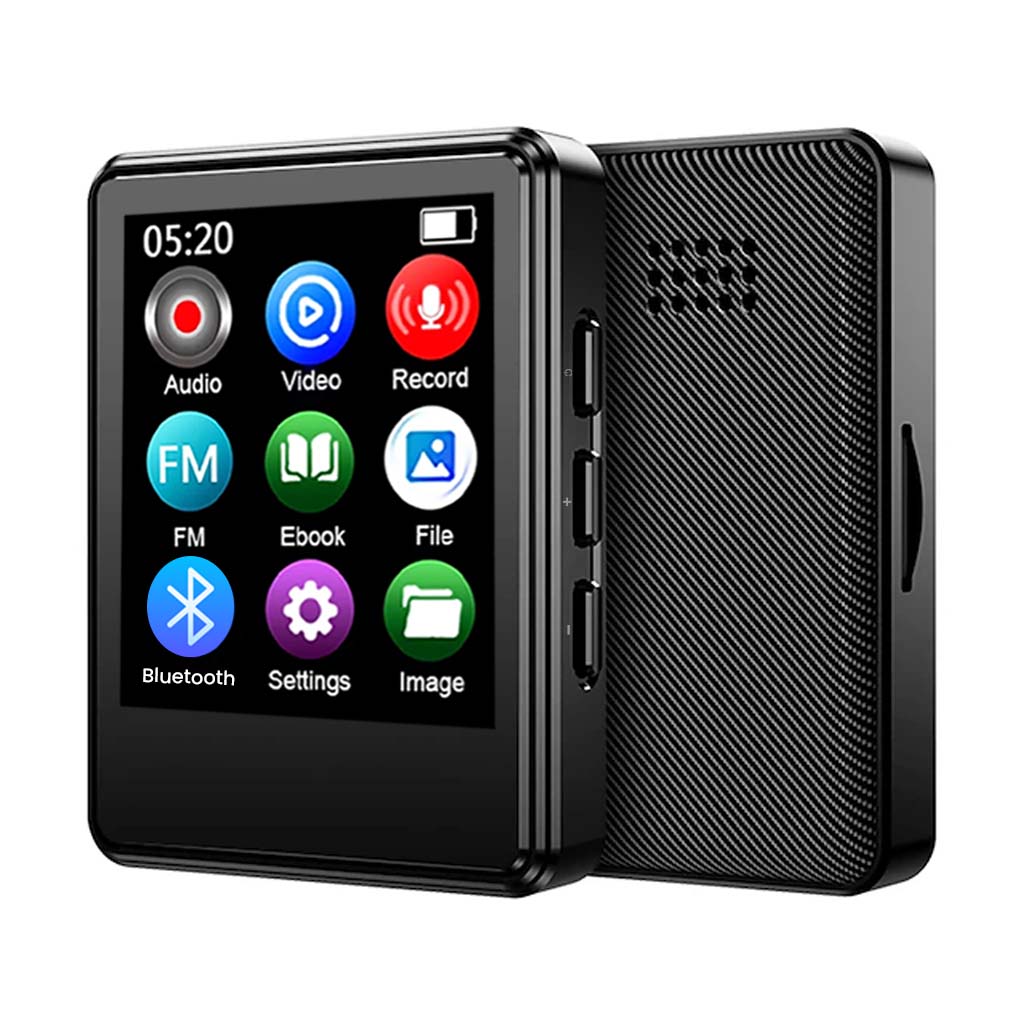 AUDIOCULAR M01 portable MP3 music player with 1.77-inch touchscreen, Bluetooth 5.0, and multifunctional app icons on display.
