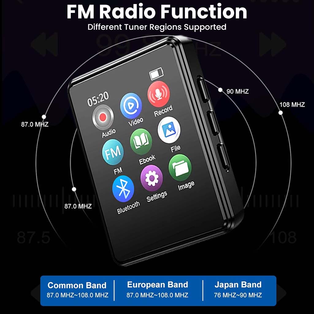 AUDIOCULAR M01 MP3 player with FM radio function supporting multiple tuner regions including Japan, Europe, and Common bands.