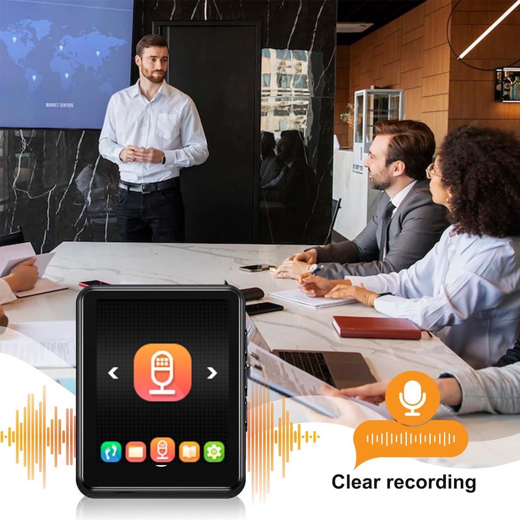 AUDIOCULAR M01 MP3 player with HD recording feature shown in a corporate meeting setting for clear voice capture.