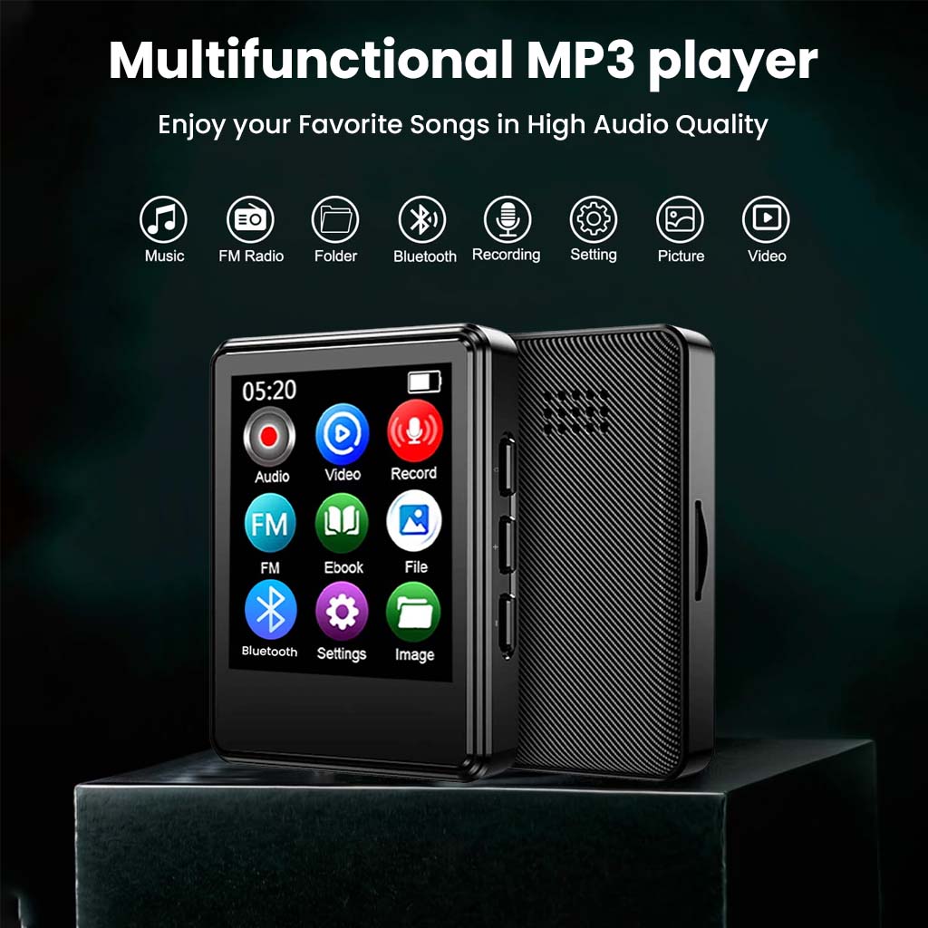Multifunctional AUDIOCULAR M01 MP3 player with HD audio, FM radio, recording, and Bluetooth, showcased on a black pedestal.