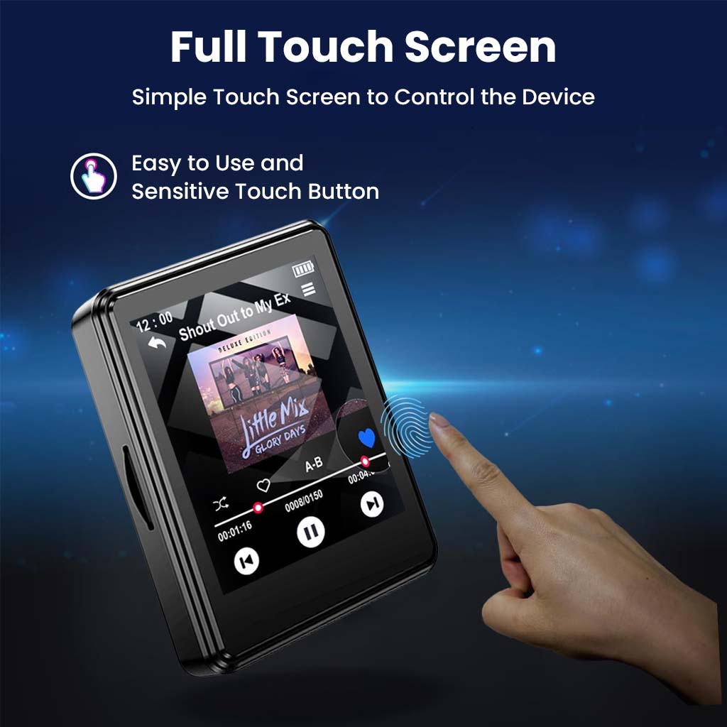AUDIOCULAR M01 MP3 player featuring full touchscreen control with a user tapping the screen to play music.