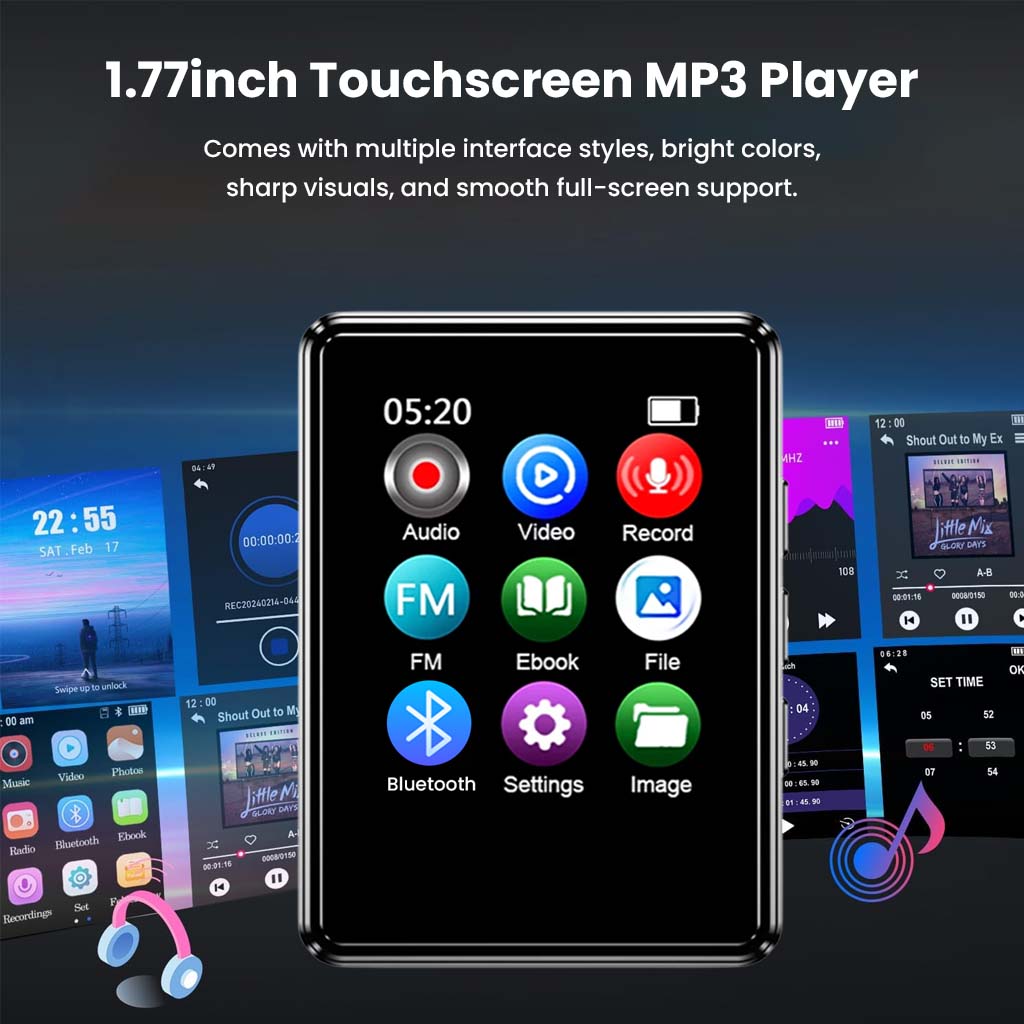 1.77-inch touchscreen AUDIOCULAR M01 MP3 player with vibrant interface styles and smooth full-screen support.