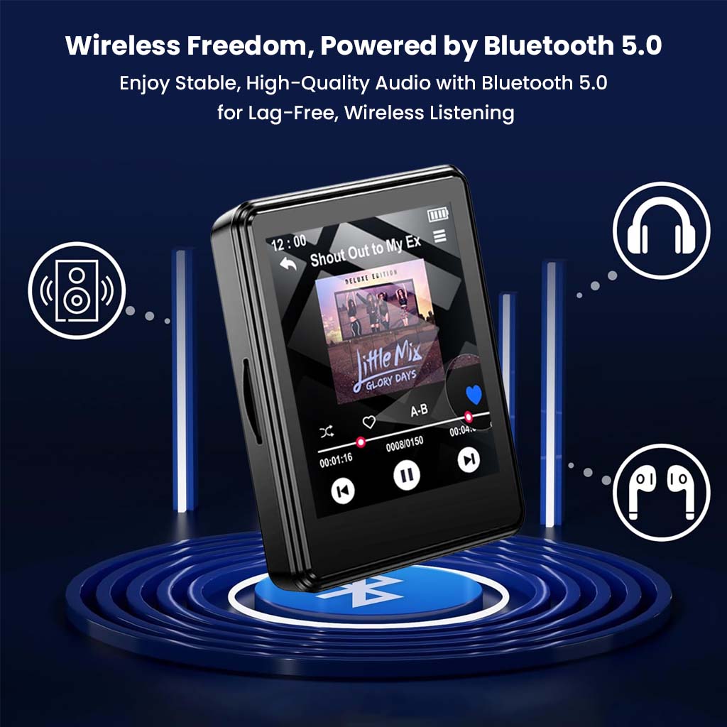 AUDIOCULAR M01 MP3 player with Bluetooth 5.0 for wireless listening, shown with headphone and speaker icons.