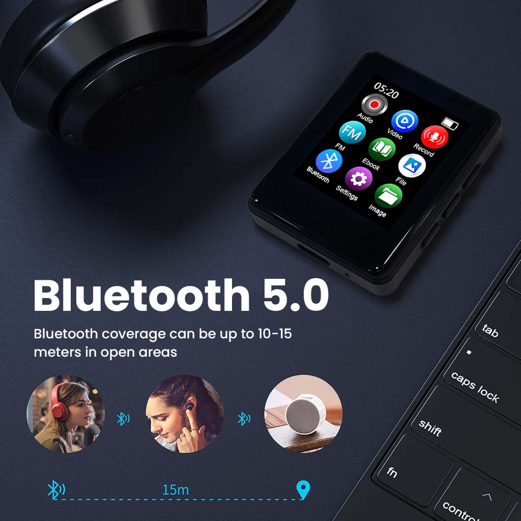Bluetooth 5.0 enabled AUDIOCULAR M01 MP3 player with 10–15 meter range, ideal for wireless audio in open areas.