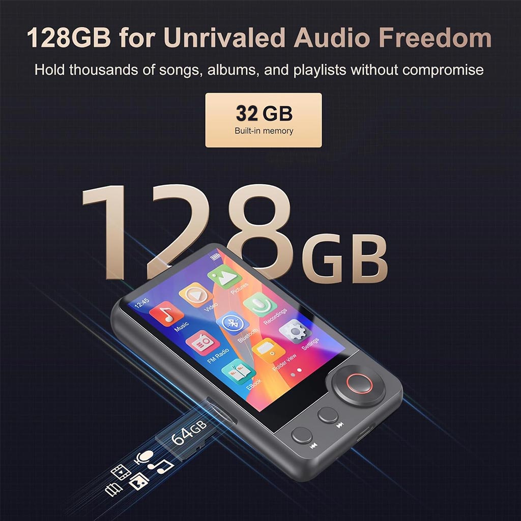 AUDIOCULAR M71 Mp3 Player supports up to 128GB storage with 32GB built-in memory, ideal for storing extensive music libraries and playlists.