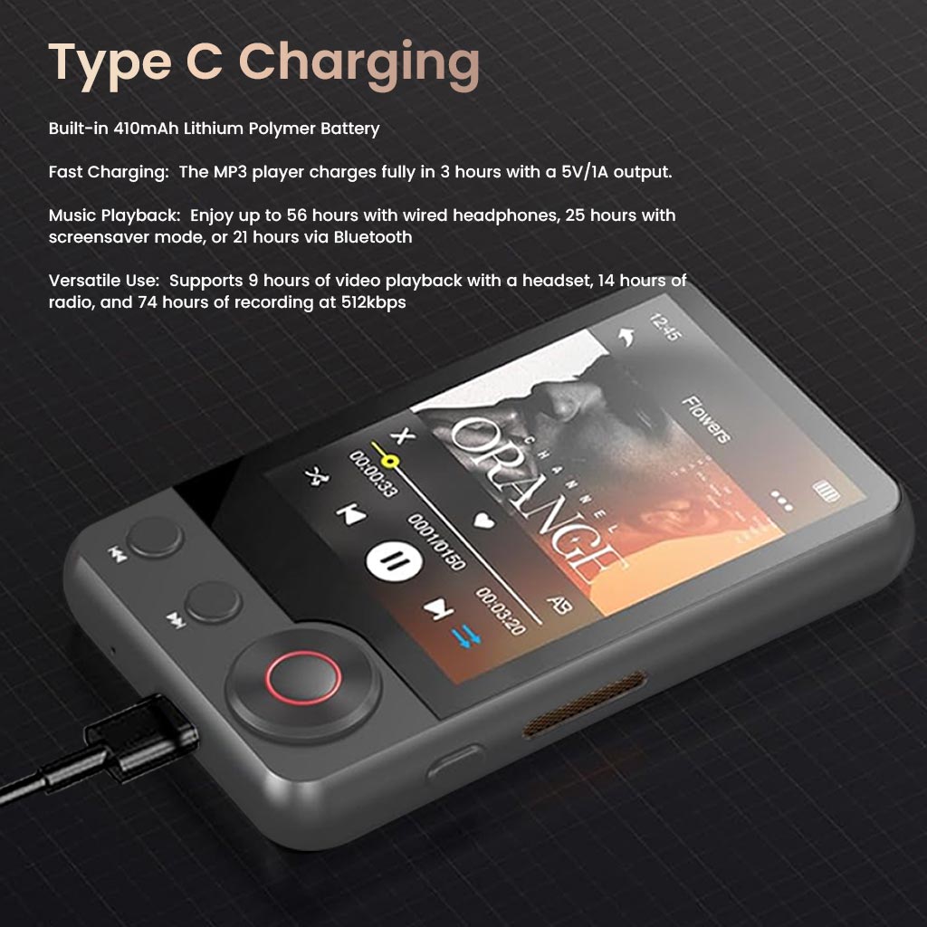 AUDIOCULAR M71 Mp3 Player with Type C fast charging and 410mAh battery offers extended playback for music, video, and recordings.
