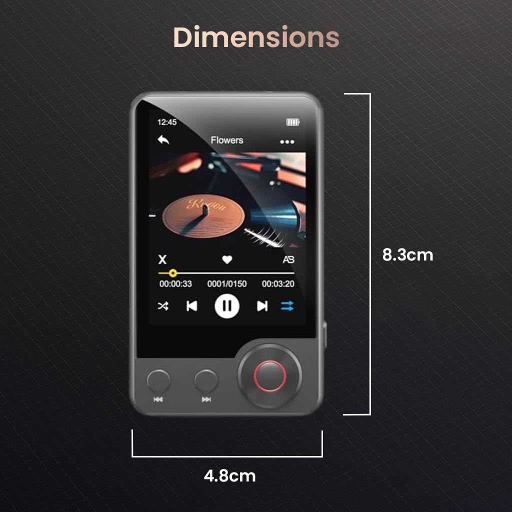 Compact dimensions of AUDIOCULAR M71 Mp3 Player shown as 8.3cm by 4.8cm, designed for portability and ease of use on the go.