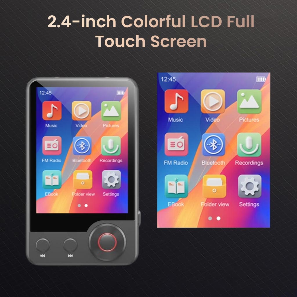 AUDIOCULAR M71 Mp3 Player with vibrant 2.4-inch touch screen interface displaying colorful app icons for music, video, and settings.