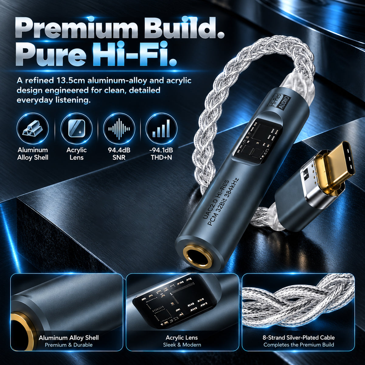Smartphone connected to the AUDIOCULAR DAC & amp via braided silver cable, with a focus on balanced power and refined detail