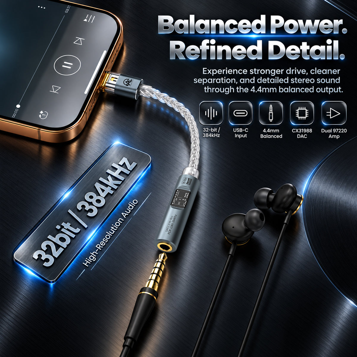 Close-up of the AUDIOCULAR Spark Type C to 4.4mm balanced DAC & amp with a braided silver cable connected to a smartphone, highlighting detailed audio features.