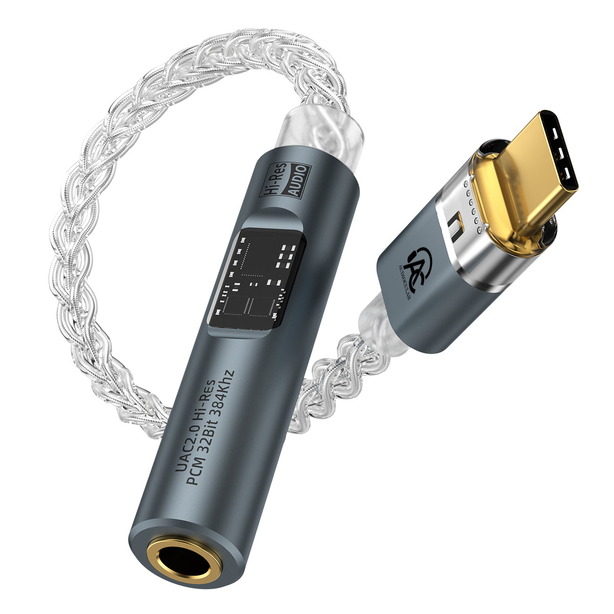 Close-up of the AUDIOCULAR Spark Type C to 4.4mm balanced DAC and amp with a sleek gray aluminum body, gold-plated headphone jack, and braided silver cable