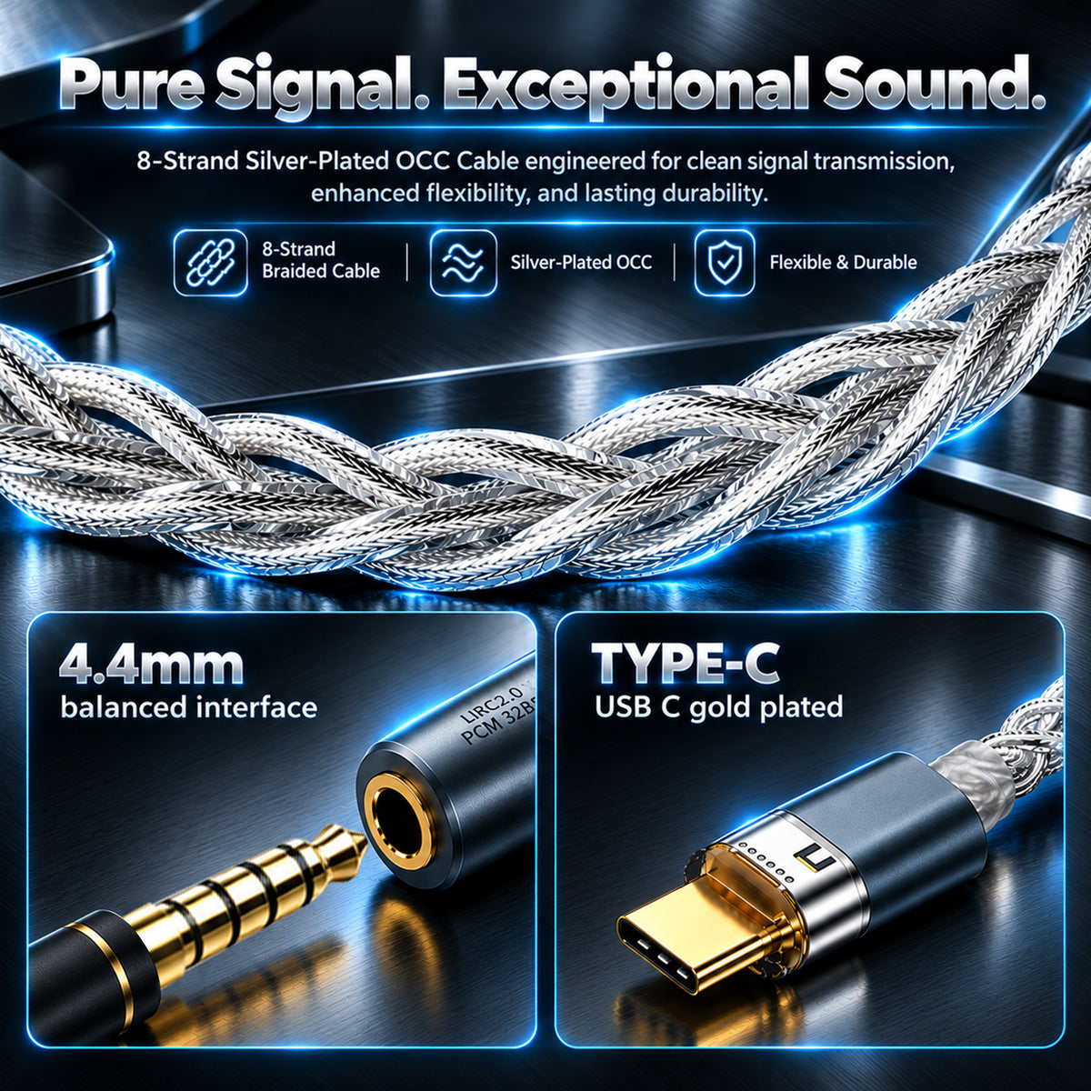 Close-up of silver-plated OCC braided audio cable with gold-plated Type-C connector, designed for high-quality portable audio devices
