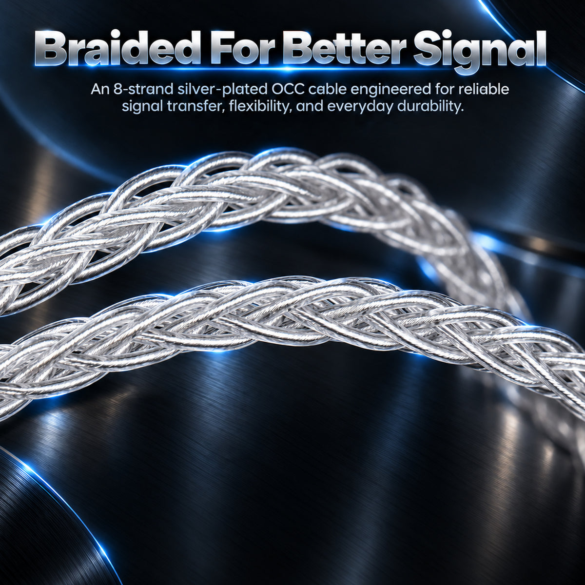 Detailed view of silver braided OCC cable emphasizing its flexible, durable construction and high-performance design