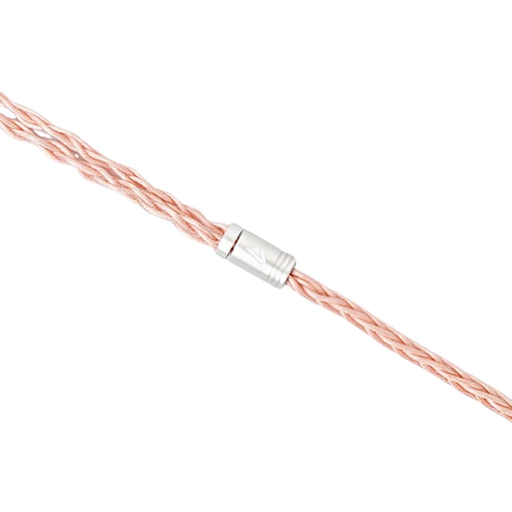 Close-up of DIVINUS ARUM OCC Cable's braided 8-core copper wire with silver connector, designed for high-fidelity IEM audio performance.